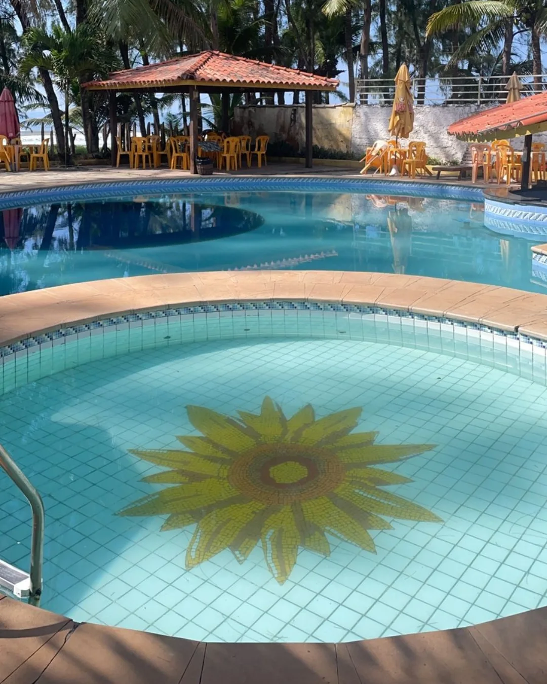 Piscina com o girassol no fundo